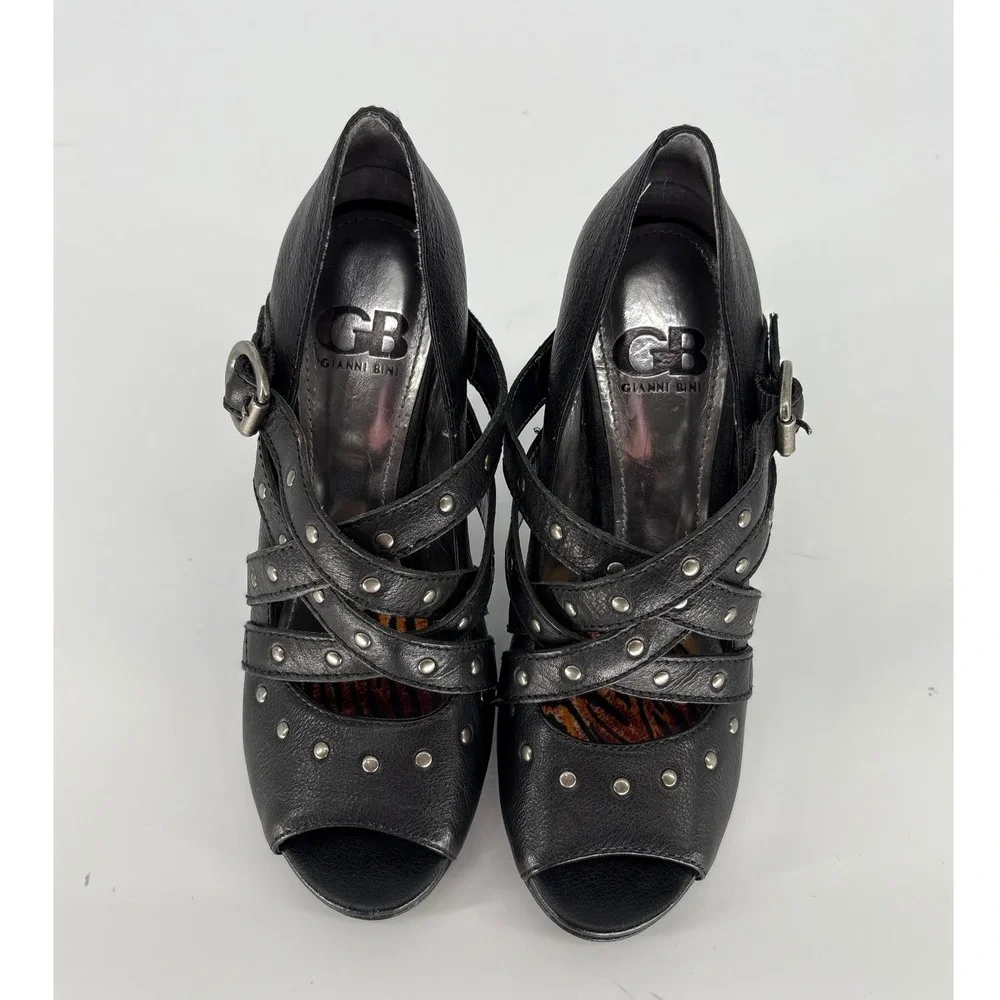 Gianni Bini Black Studded Strappy Peep Toe Platform Heels Size 6.5 Goth Biker